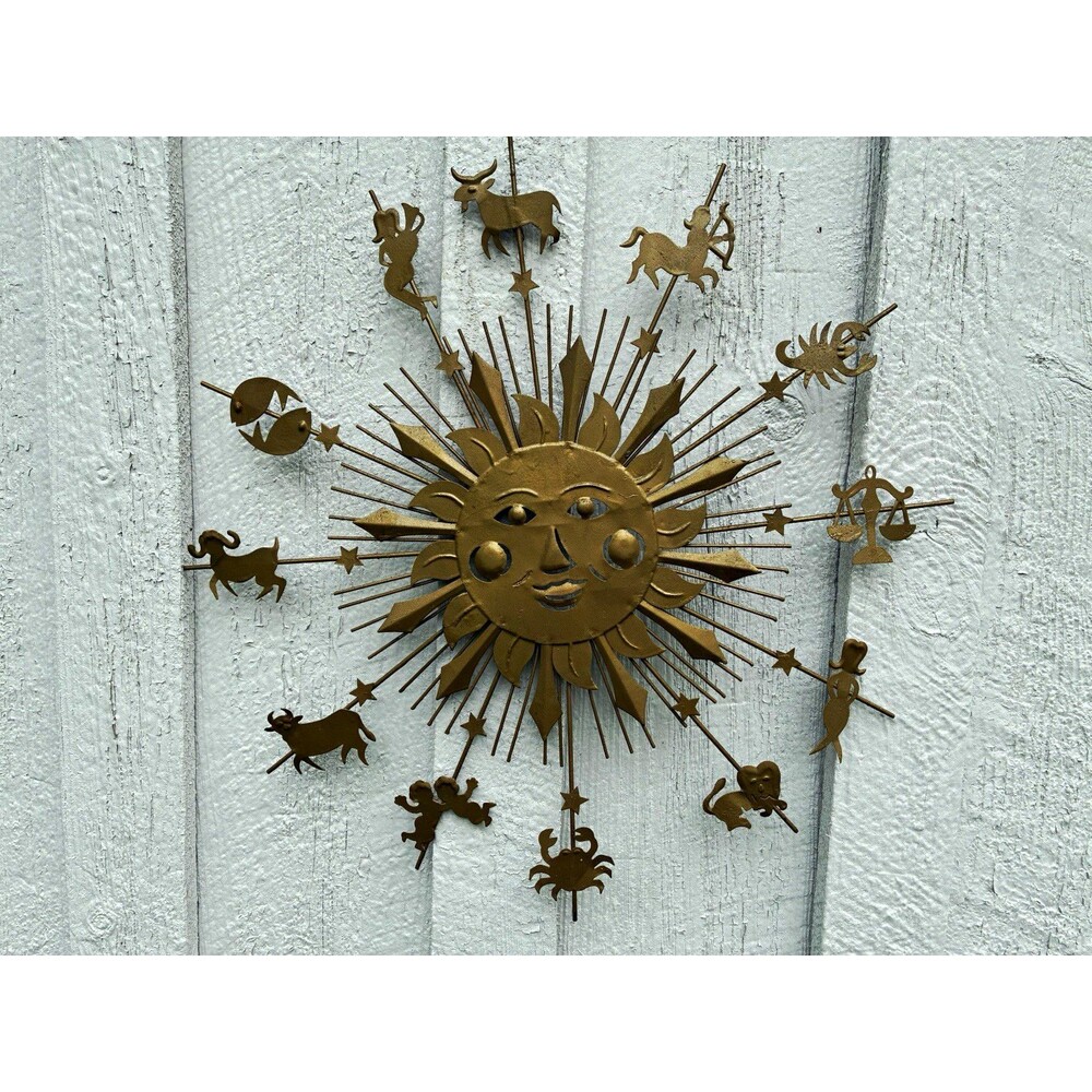 Metal Sun & Zodiac Round Wall Sculpture, Brown Wall Mounted Sunburst Decor